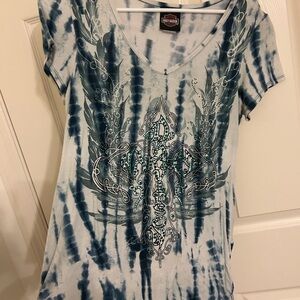 Harley-Davidson Blue Tie-Dye V-Neck Tee with Rhinestone Cross